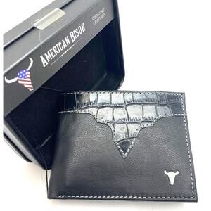 American Bison Bifold Wallet Men Black Genuine Leather 2 Flip ID Slots NIB